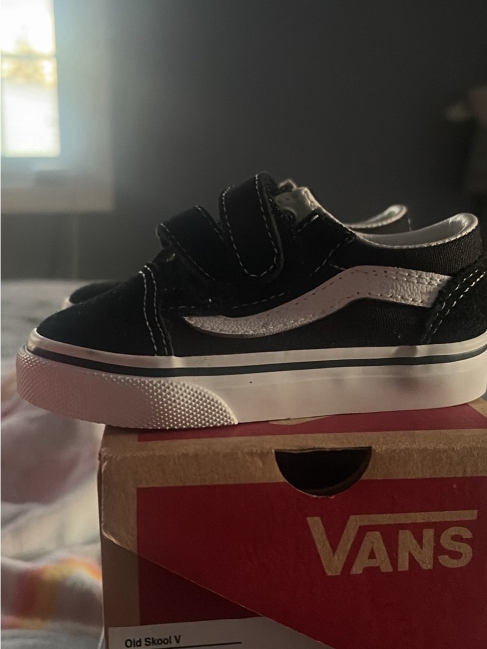 Vans Kids Old Skool V Black and White Velcro Sneakers